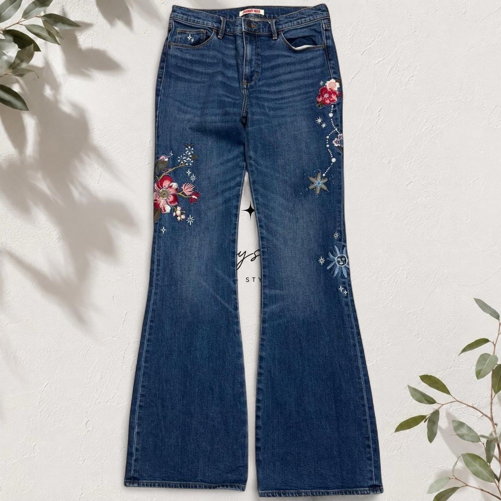 Johnny Was Embroidered Flare Jeans Blue Floral Celestial Boho Western Size 27